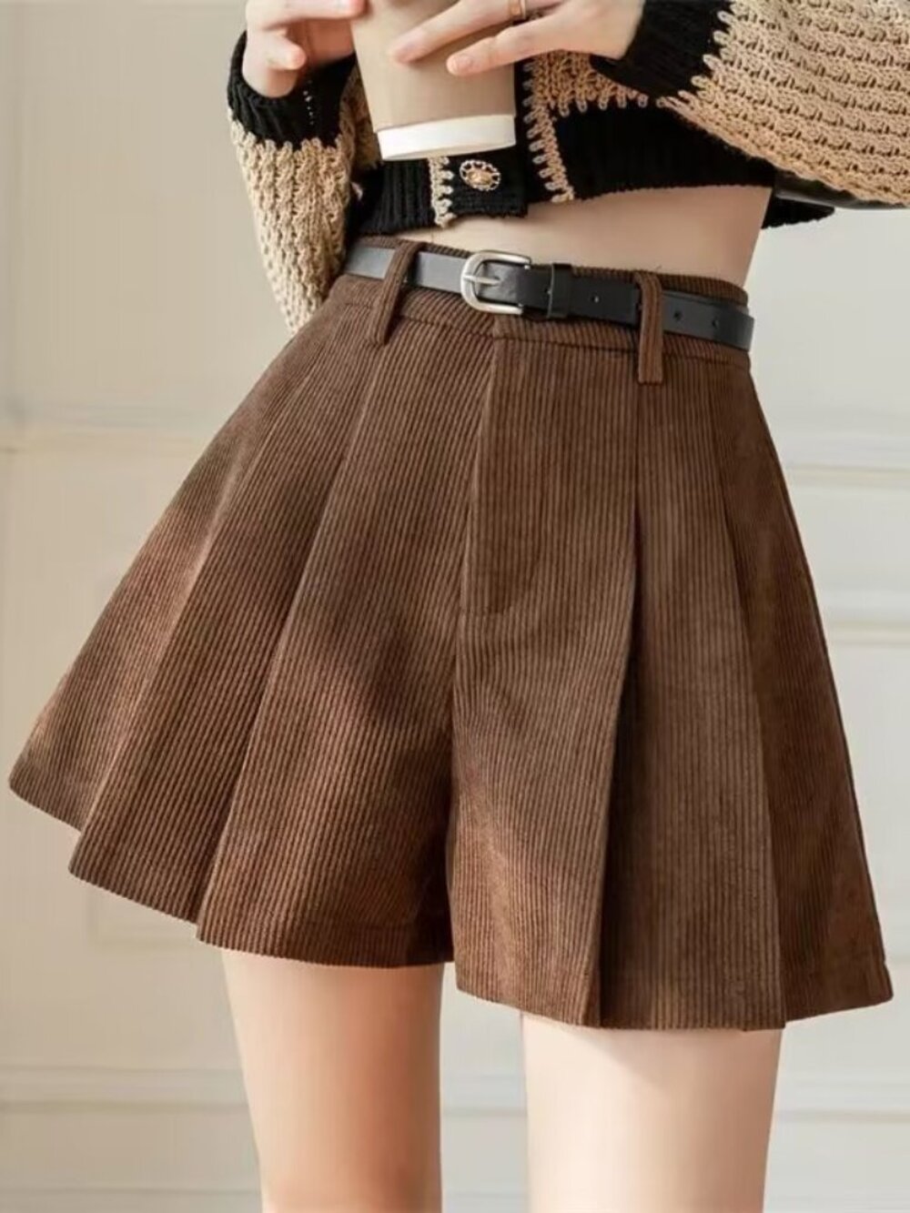 Women’s Brown Corduroy High Waist Shorts L – Zipper Hot Pants College Style